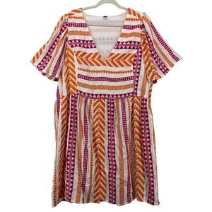 Old Navy Plus Size 3X Mini Dress Orange Pink Geometric V-Neck Pockets Multicolor